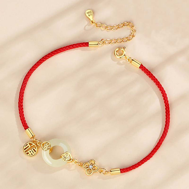Buddha Stones 999 Sterling Silver Hetian Jade Peace Buckle Fu Character Luck Red Rope Bracelet