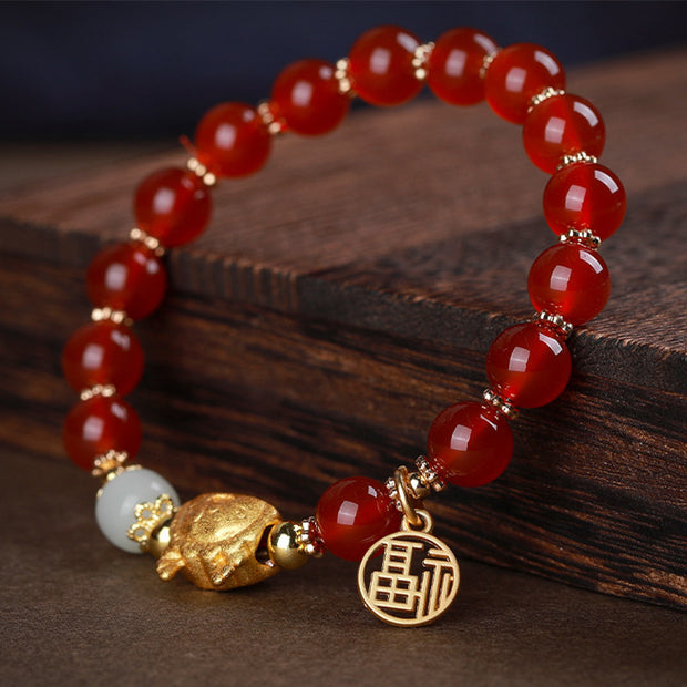 Buddha Stones Year Of The Dragon Red Agate Gray Agate Dumpling Luck Fu Character Bracelet Bracelet BS 4