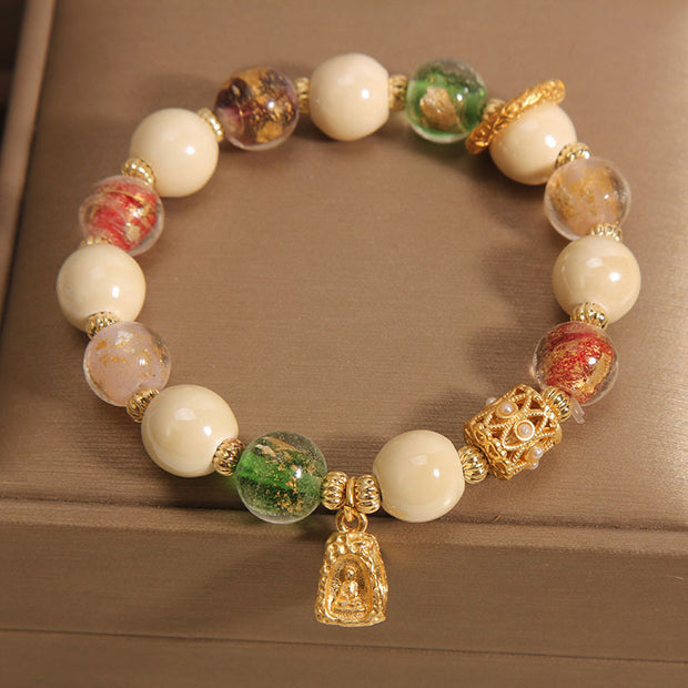 Buddha Stones Tibetan Multicolored Liuli Glass Bead Buddha Lotus Charm Enlightenment Bracelet