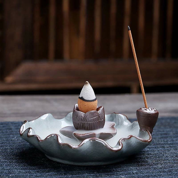 Buddha Stones Lotus Plum Blossom Square Ceramic Spiritual Backflow Incense Burner Incense Burner BS 7