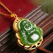 Buddha Stones 925 Sterling Silver Natural Hetian Cyan Jade Laughing Buddha 18K Gold Healing Necklace Chain Pendant Necklaces & Pendants BS 1