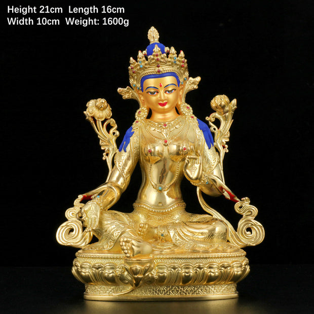 Buddha Stones Bodhisattva Green Tara Protection Copper Gold Plated Statue Decoration