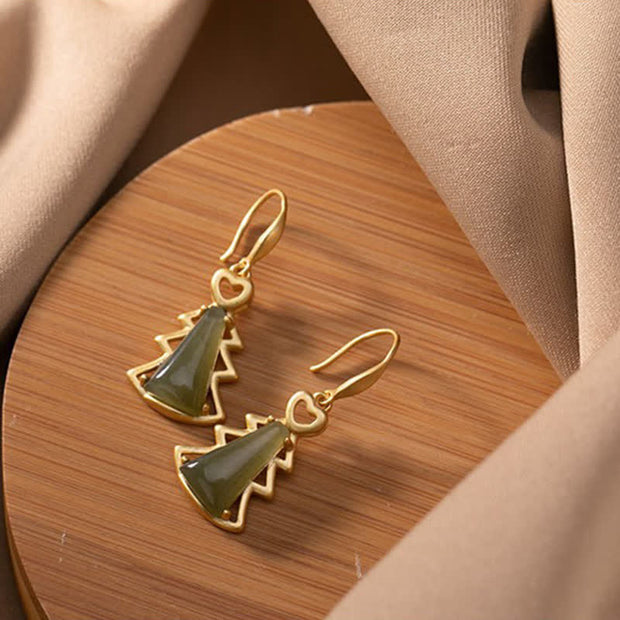 Buddha Stones 925 Sterling Silver Hetian Cyan Jade Christmas Tree Luck Dangle Earrings Earrings BS 6