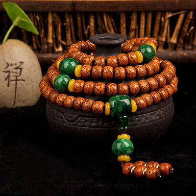 Buddha Stones 108 Beads Mala Bodhi Seed Jade Harmony Bracelet Mala Bracelet BS 8*11mm Bodhi Seed