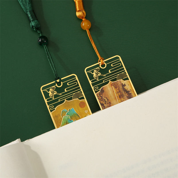 Buddha Stones A Panorama of Rivers and Mountains Metal Hollow Bookmarks Tassel With Gift Box