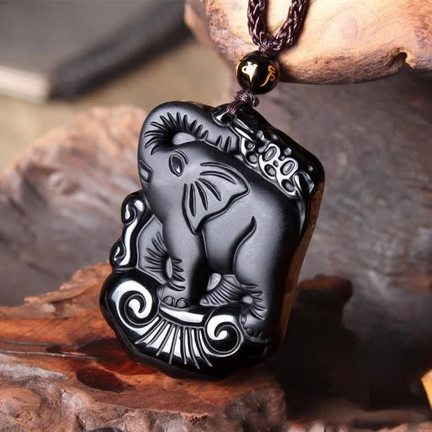 Buddha Stones Black Obsidian Elephant Protection String Necklace Pendant Key Chain Necklaces & Pendants BS 6
