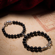 Buddha Stones 925 Sterling Silver Obsidian Moonstone Strength Couple Bracelet Bracelet BS 13