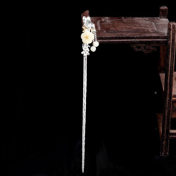 Buddha Stones 925 Sterling Silver Hetian White Jade Flower Blessing Hairpin Decorations BS 4