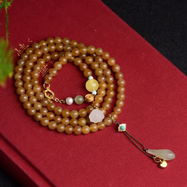 Buddha Stones Natural Hetian Topaz Amber Lotus White Jade Pearl Success Bracelet Bracelet BS 3
