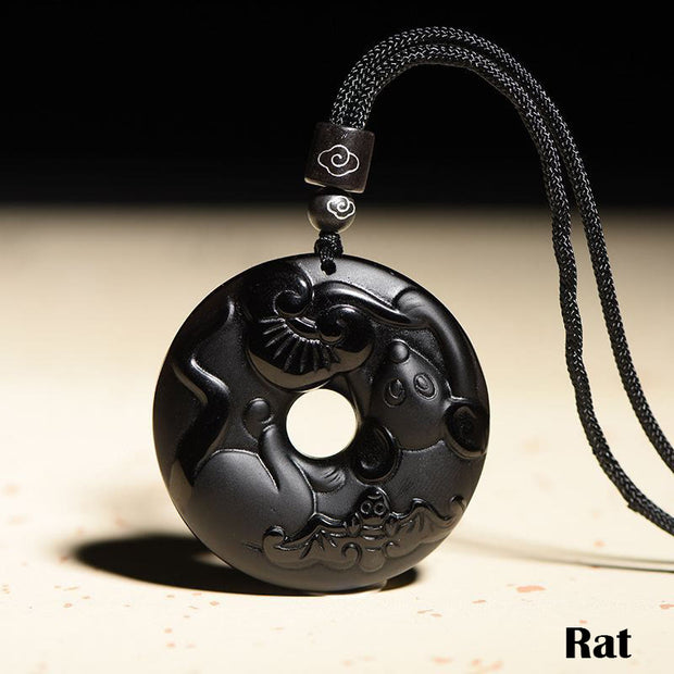 Buddha Stones Chinese Zodiac Natural Black Obsidian Peace Buckle Strength Necklace Pendant Necklaces & Pendants BS Rat