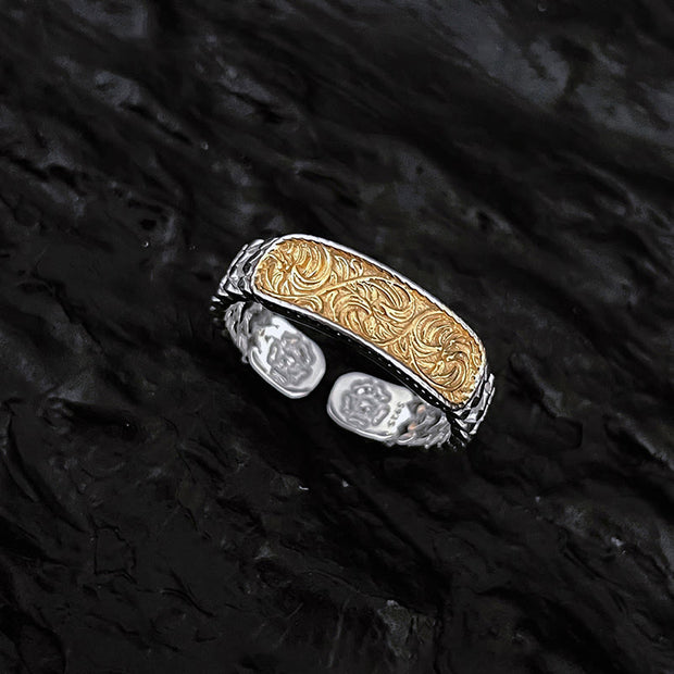 Buddha Stones Tang Dynasty Flower Design Engraved Copper Luck Cuff Bracelet Bangle Adjustable Ring Bracelet Bangle BS Gold Tang Dynasty Flower Design Ring
