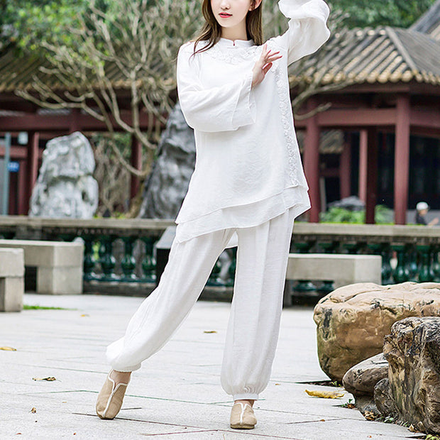 Buddha Stones 2Pcs White Flowers Yoga Clothing Meditation Clothing Top Pants Women's Set Clothes BS 3