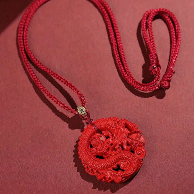 Buddha Stones Year of the Dragon 925 Sterling Silver Natural Cinnabar Copper Coin Luck Necklace Pendant