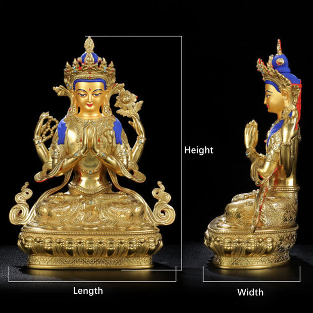Buddha Stones Chenrezig Four-armed Avalokitesvara Protection Copper Gold Plated Statue Decoration Decorations BS 13