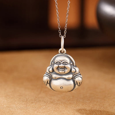 Buddha Stones 990 Sterling Silver Laughing Buddha Lotus Engraved Wealth Luck Necklace Pendant Necklaces & Pendants BS Laughing Buddha(Happiness♥Wealth)