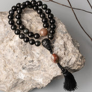 Buddha Stones Black Obsidian Lion Strength Tassel Wrist Mala