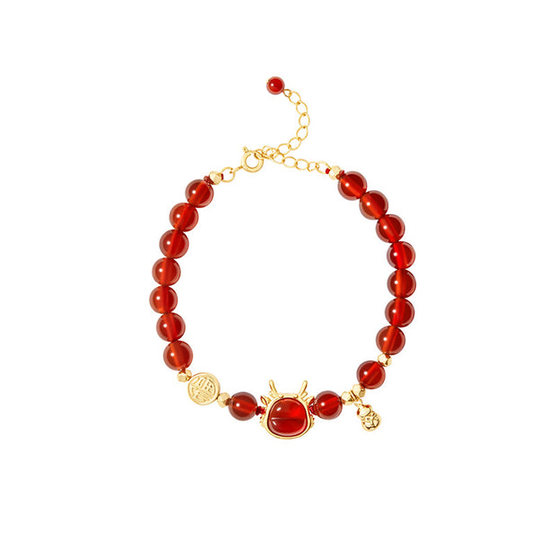 Buddha Stones 925 Sterling Silver Plated 18K Gold Year of the Dragon Natural Red Agate Fu Character Gourd Copper Coin Success Bracelet Necklace Pendant Bracelet Necklaces & Pendants BS 5