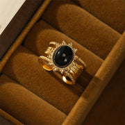 Buddha Stones 18K Gold Plated Black Obsidian Titanium Steel Strength Ring Ring BS Black Obsidian