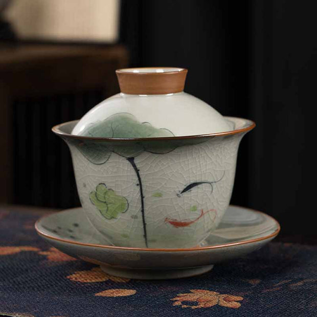 Buddha Stones Lotus Koi Fish Pod Leaf Ceramic Gaiwan Sancai Teacup Kung Fu Tea Cup And Saucer With Lid 140ml