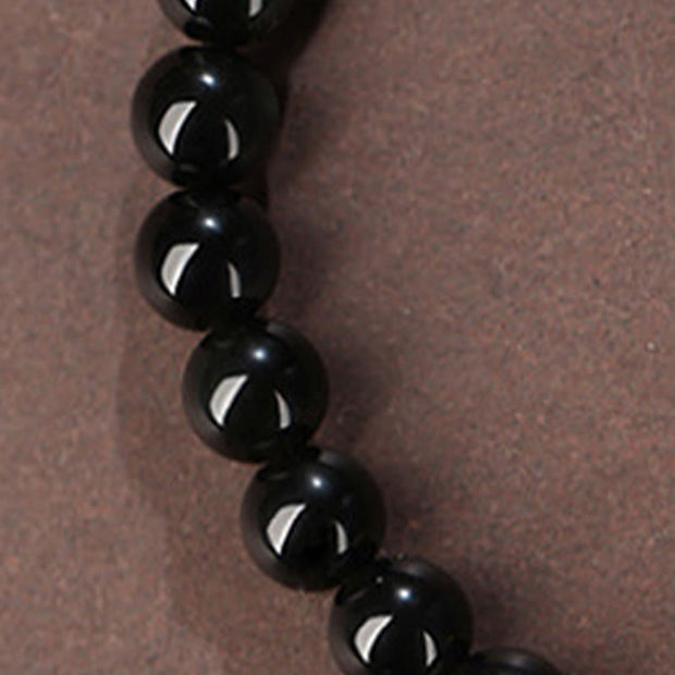 Buddha Stones Natural Black Obsidian Hetian Jade Gourd Double Happiness Strength Bracelet Bracelet BS 7