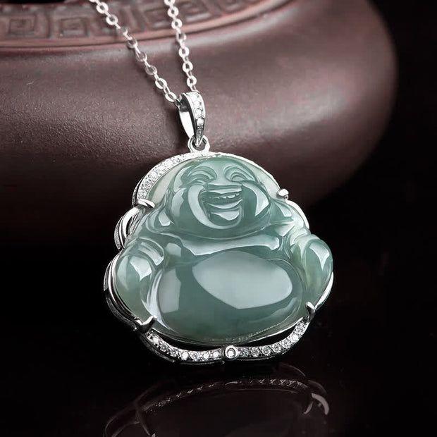 Buddha Stones 925 Sterling Silver Laughing Buddha Natural Jade Luck Necklace Chain Pendant Necklaces & Pendants BS 1