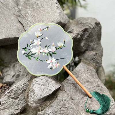 Buddha Stones Magnolia Flowers Double-sided Embroidered Handheld Silk Fan