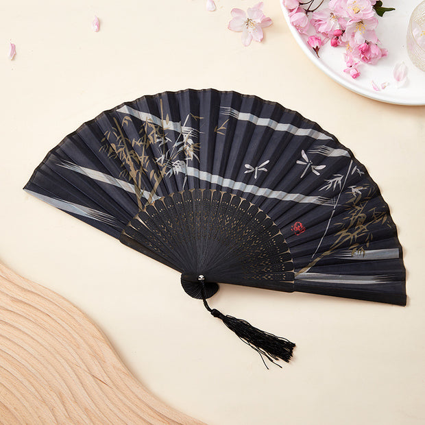 Buddha Stones Crane Peach Blossoms Persimmon Orchid Butterfly Bamboo Handheld Bamboo Folding Fan 21cm