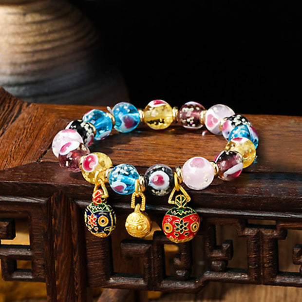 Buddha Stones Gold Swallowing Beast Family Pink Love Heart Luminous Fluorescent Liuli Glass Bead Bracelet