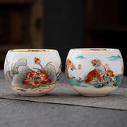 Buddha Stones Tiger Lotus Flower Leaf Koi Fish Gilt Ceramic Teacup Kung Fu Tea Cup 175ml Cup BS 1