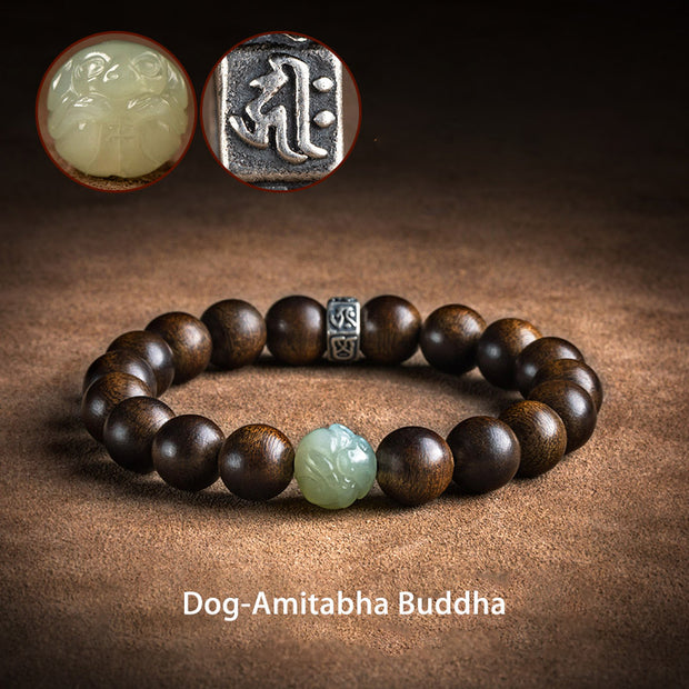 Buddha Stones Chinese Zodiac Natal Buddha Kalimantan Agarwood Jade 925 Sterling Silver Bracelet Bracelet BS 10mm Dog-Amitabha Buddha