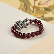 Buddha Stones 925 Sterling Silver Natural Garnet Moonstone Red Agate PiXiu Wealth Ring Ring BS 2