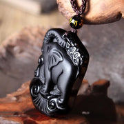 Buddha Stones Black Obsidian Elephant Protection String Necklace Pendant Key Chain Necklaces & Pendants BS 4