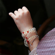 Buddha Stones 108 Mala Beads 925 Sterling Silver Natural White Agate Red Agate Quadruple Wrap Protection Bracelet
