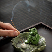 Buddha Stones Leaf Meditation Frog Pattern Healing Ceramic Incense Burner Decoration Incense Burner BS 26