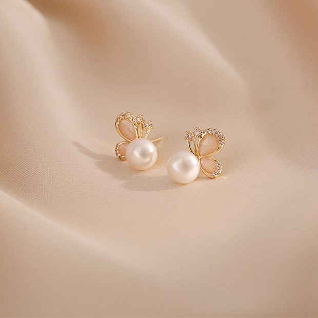 Buddha Stones 18K Gold Pearl Butterfly Love Freedom Stud Earrings Earrings BS 7
