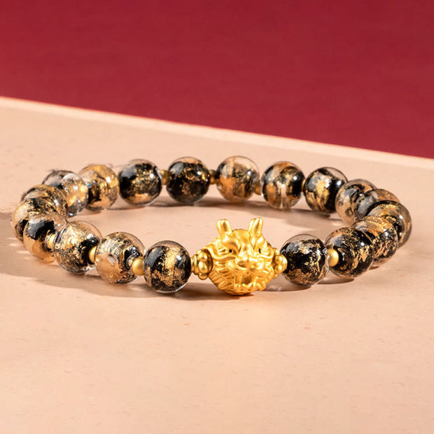 Buddha Stones Year of the Dragon Gold Foil Liuli Glass Bead Luck Bracelet Bracelet BS 5