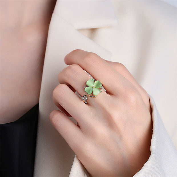 Buddha Stones Cat's Eye Four Leaf Clover Zircon Love Rotatable Ring Ring BS 2
