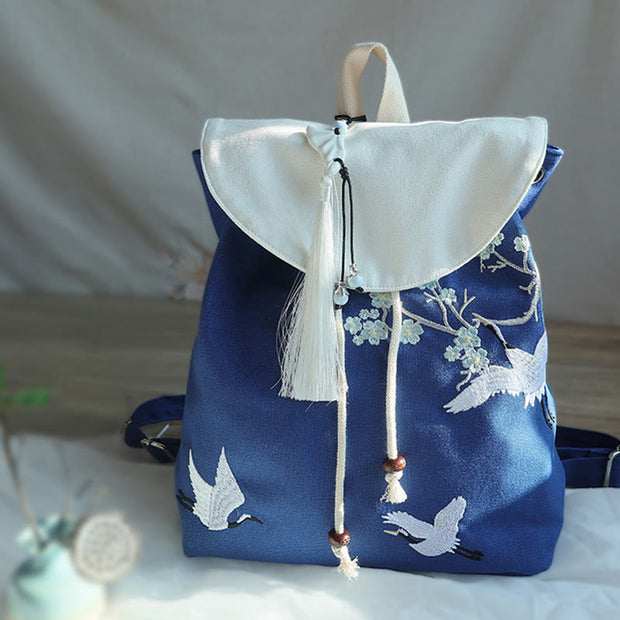 Buddha Stones Handmade Embroidered Large Capacity Canvas Backpack Backpack BS Blue White Crane