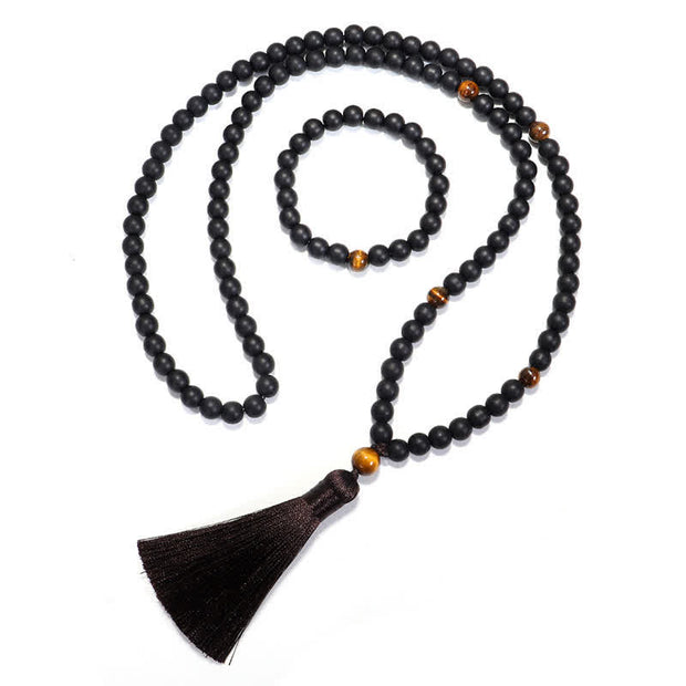 Buddha Stones 108 Mala Beads Frosted Stone Tiger Eye Balance Bracelet Necklace Pendant