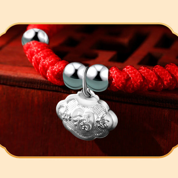 Buddha Stones 925 Sterling Silver Handmade Fu Character Lucky Money Bag Chinese Lock Charm Bell Lotus Copper Coin King Kong Knot Braided Kids Bracelet