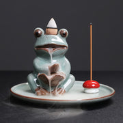 Buddha Stones Meditation Frog Ceramic Lotus Healing Incense Burner Incense Burner BS Sitting Frog