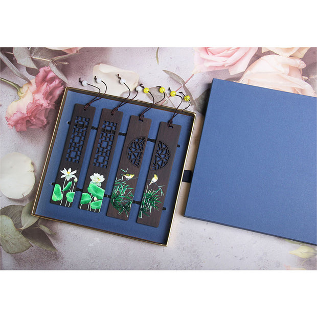 Buddha Stones Green Lotus Bamboo Oriole Ebony Wood Bookmarks With Gift Box