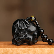 Buddha Stones Black Obsidian Elephant Protection Strength Necklace Pendant Necklaces & Pendants BS 9
