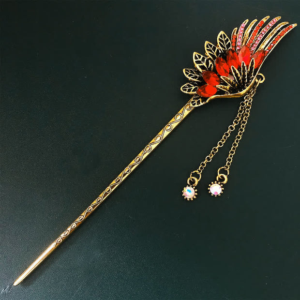 Buddha Stones Phoenix Feather Crystal Tassels Confidence Hairpin Hairpin BS Gold Red