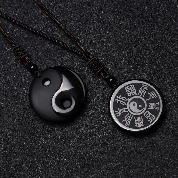 Buddha Stones Black Obsidian Taoism Five Sacred Mountains Nine-Character Mantra Carved Purification Yin Yang Necklace Pendant Necklaces & Pendants BS 1