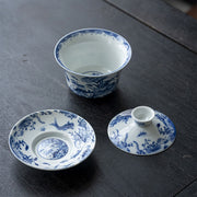 Buddha Stones Blue And White Porcelain Lotus Koi Fish Lion Dance Watermelon Ceramic Gaiwan Sancai Teacup Kung Fu Tea Cup And Saucer With Lid 300ml