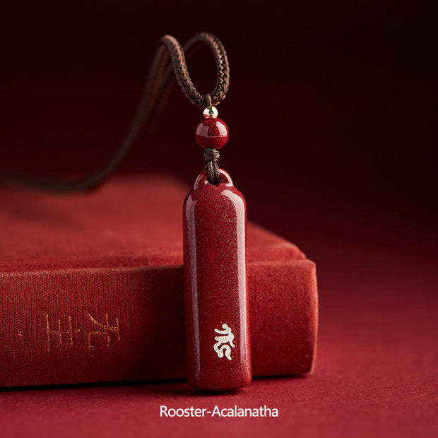 Buddha Stones Chinese Zodiac Natal Buddha Cinnabar Amulet Protection String Necklace Pendant Necklaces & Pendants BS Brown Rooster-Acalanatha