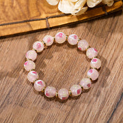 Buddha Stones Gold Swallowing Beast Family Charm Luminous Pink Love Heart Fluorescent Liuli Glass Bead Blessings Bracelet