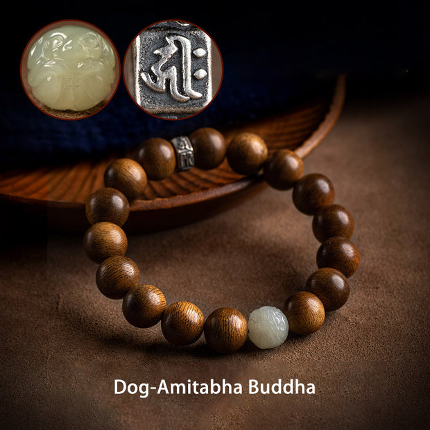 Buddha Stones Chinese Zodiac Natal Buddha Kalimantan Agarwood Jade 925 Sterling Silver Bracelet Bracelet BS 13mm Dog-Amitabha Buddha