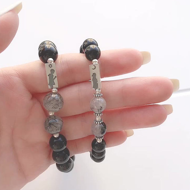 Buddha Stones 2pcs 925 Sterling Silver Obsidian Strength Magnetic Couple Bracelet